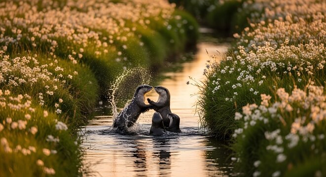 Playful otters frolicking in a sunlit stream surrounded by wildflowers