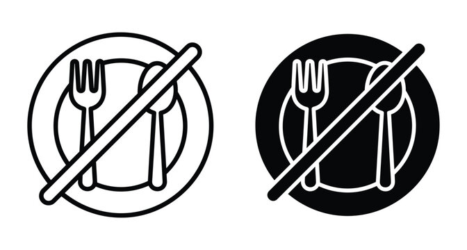 no food icon set with plate fork and spoon crossed out representing fasting diet restriction or prohibited eating area sign