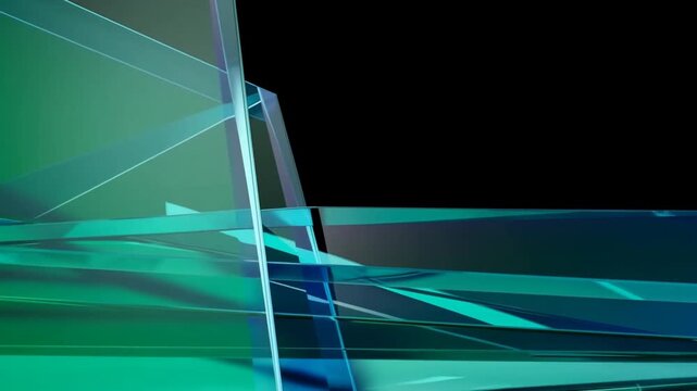 Tracking shot of translucent glass panels sliding and overlapping on black studio set with teal green reflections and angled surfaces and layered geometry