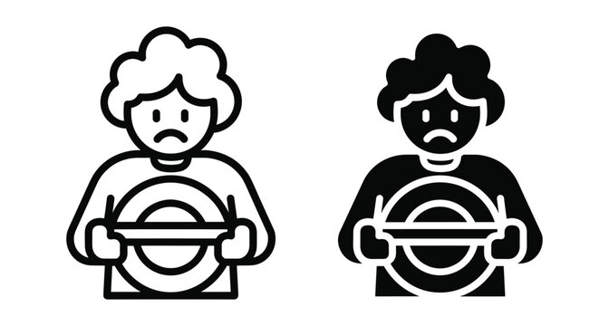 Sad person holding empty plate icon set representing hunger poverty starvation food insecurity social welfare charity and lack of nutrition