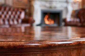 Fototapeta premium Luxurious living room with a roaring fireplace and plush leather furniture, elegant interior design