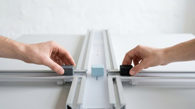 Collaborative hands placing matte work blocks on automated sorting strip with bright copy space for business productivity website header