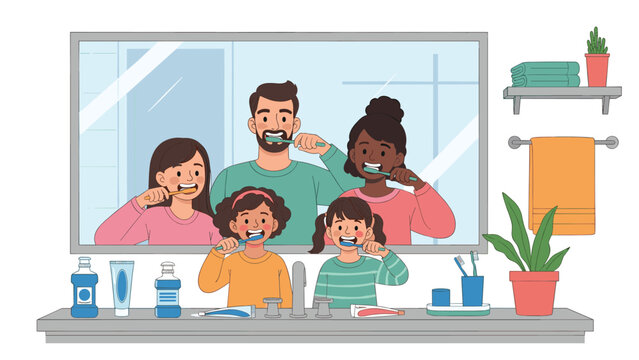 Diverse family members brushing their teeth together in a large bathroom mirror to promote good oral hygiene habits.