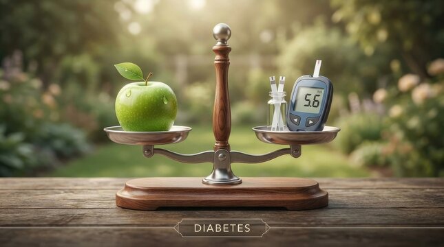 Diabetes management balance: healthy lifestyle, blood sugar, glycemic control, diet choice, wellness journey, glucose level, prevention concept, mindful eating, medical care, insulin therapy.