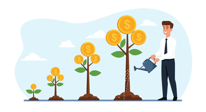 Smiling businessman watering growing money trees with dollar coins representing gradual investment and wealth increase.