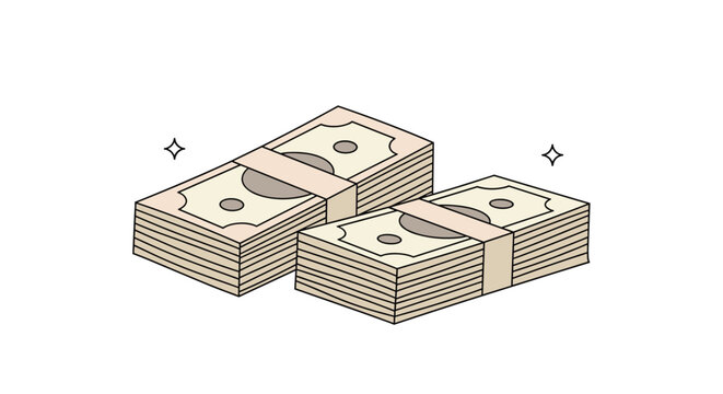 Two neat stacks of green dollar paper banknotes wrapped in bands on a clean white background, business illustration.