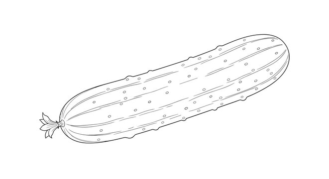Detailed black and white line art drawing of a whole fresh cucumber showing its textured skin on a white background.