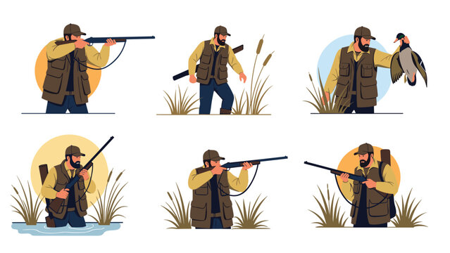 Collection of hunters in outdoor gear and camouflage vests aiming shotguns and holding a mallard duck during a hunting trip.
