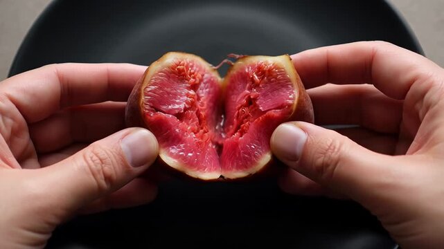 Person opening fresh fig fruit with hands