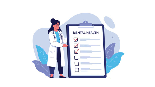 Female healthcare professional in a white lab coat standing beside a large clipboard with a mental health diagnostic checklist.