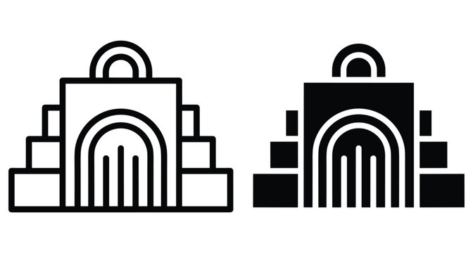 Ancient Mayan pyramid temple icon set with stepped architecture and arched entrance for travel history and cultural heritage design projects