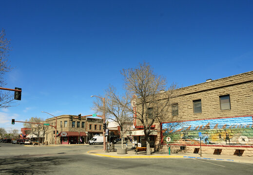 Cody, WY - USA - 5-6-2026: Shops and restaurants in downtown Cody, Wyoming