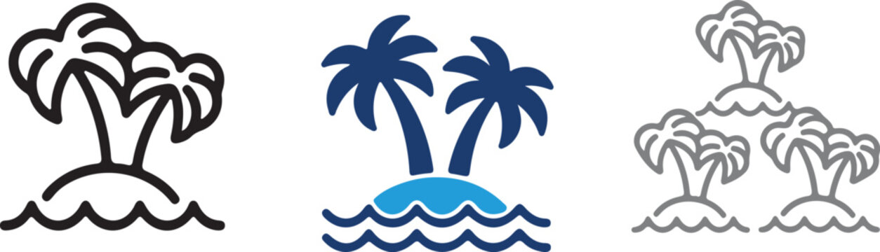 Hand drawn tropical island vector icon set featuring minimalist line art solid fill and outline variations for summer and travel design projects