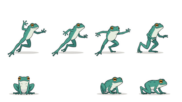 Animation sprite sheet sequence of a green frog jumping and landing shown in several keyframes against a white background.