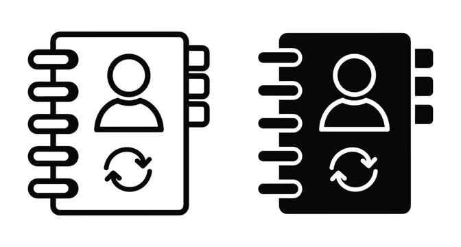 Address book contact list sync icon set with person silhouette and refresh arrows for digital directory management and communication updates