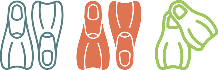 Swim fins icon set, hand drawn vector illustration of scuba diving flippers, underwater swimming equipment symbols on transparent background design. © MDLovely