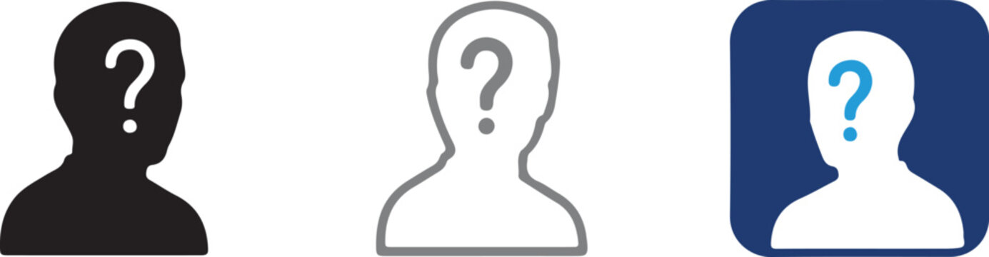 Unknown male user avatar icon, hand drawn vector illustration of person with question mark, profile placeholder symbol on transparent background.