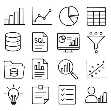 Data Science and Business Metrics. Professional collection of statistics symbols representing strategic planning plus organizational intelligence for digital growth.