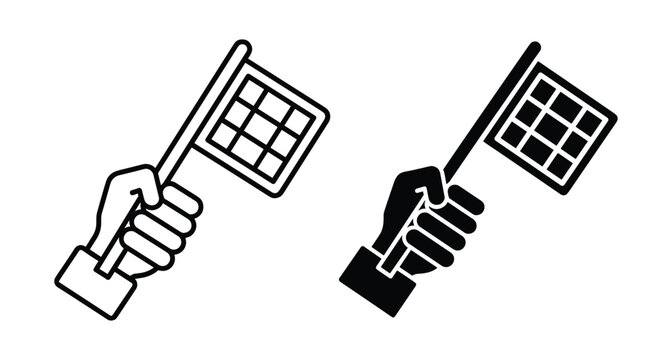 Hand holding checkered racing flag icon set with outline and solid versions for sports competition finish line start and victory