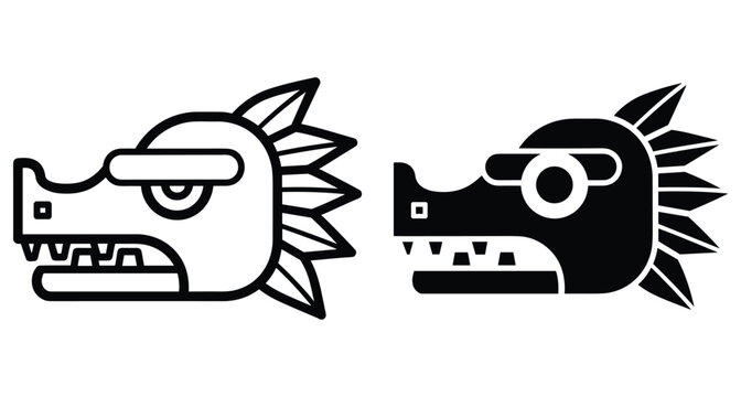 Aztec dragon head icons set featuring feathered serpent quetzalcoatl design in black and white outline and solid silhouette styles
