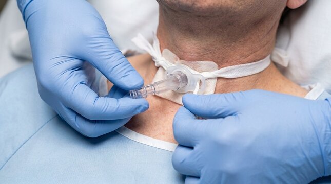 Tracheostomy Inner Cannula Removed for Cleaning Gloved Fingers Trach Care Procedure