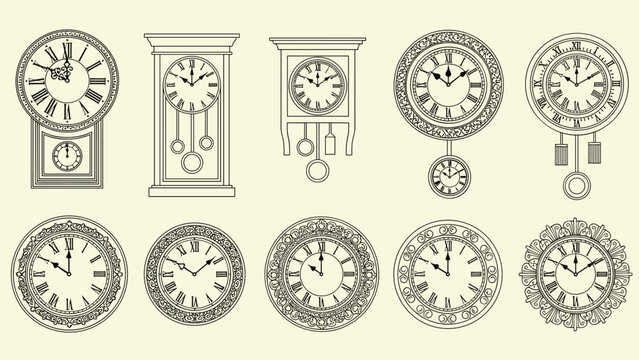 Elegant collection of vintage-style clock face and pendulum clock sketches featuring Roman and Arabic numerals for classic decor.