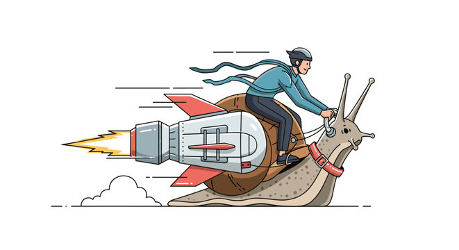 Creative illustration of a man wearing a helmet riding a fast snail boosted by a powerful rocket engine.