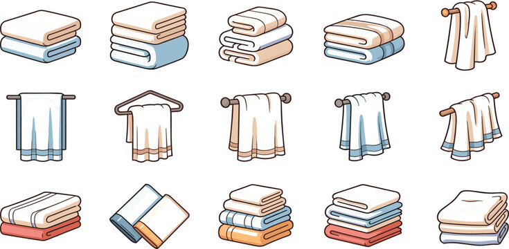 Cute Cartoon Folded Towel Vector Set Featuring Stacks of Bath Towels Hanging Hand Towels on Rails and Fabric Linens Icon Collection