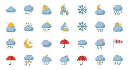 Obraz premium Extensive collection of flat weather icons representing sun, clouds, rain, snow, lightning, and wind conditions.