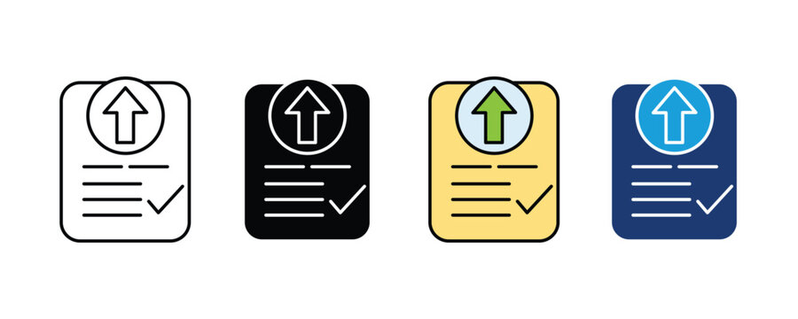 Document Upload and Success Checkmark Icon Set. Digital File Arrow Submit Transfer Completed Line Sign. Vector Illustration.
