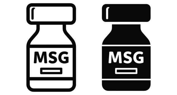 Monosodium glutamate MSG seasoning bottle icon set with outline and solid black styles for food additive and flavor enhancer design