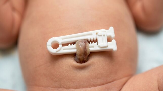 Umbilical Cord Clamp Plastic Closure Applied Newborn Birth Close-Up Medical