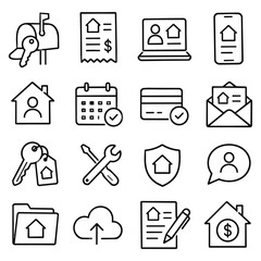 Property Management Housing Icons. Hand drawn graphics representing residential services, digital rental tools, financial security plus organized home maintenance tasks © Lull