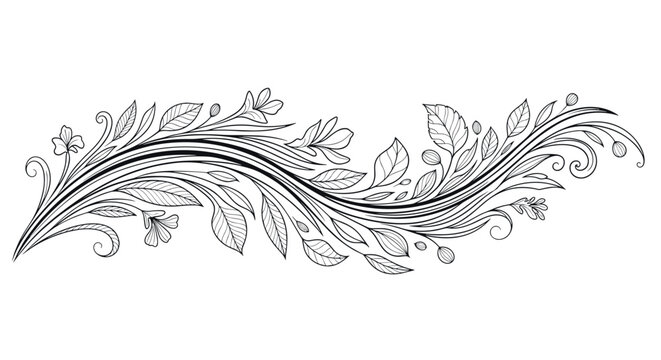 Ornate horizontal floral scroll divider line art featuring delicate leaves and small blooming flower buds.