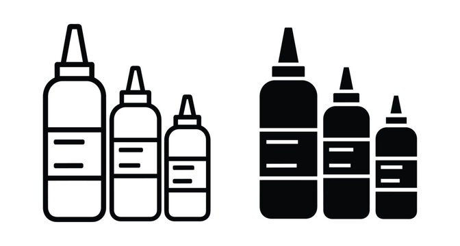 Squeeze bottle icon set featuring three different sizes of condiment containers in outline and solid black silhouette vector style