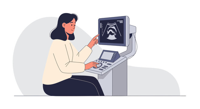 Doctor operating ultrasound machine, displaying fetal sonogram on screen. Modern medical illustration for healthcare and pregnancy.