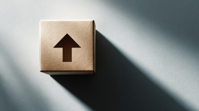 Cube with Up Arrow Symbol: A simple, minimalist cube, cast in shadow, features a prominent up arrow, symbolizing growth, progress, and forward momentum.