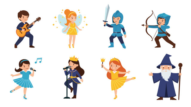 Group of children dressed in fantasy and performance costumes including a fairy, knight, archer, wizard, singer, and princess.