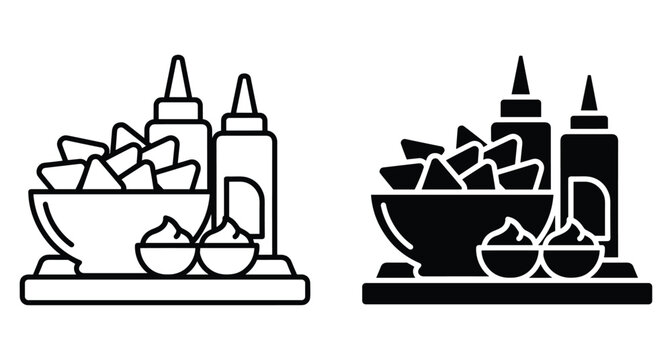 Nachos tortilla chips in bowl with sauce squeeze bottles and dip cups on tray vector icon set for snack menu