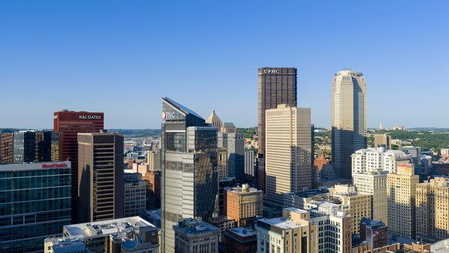 Aerial shot of Skyscrapers and office buildings in the skyline in Pittsburgh Pennsylvania USA