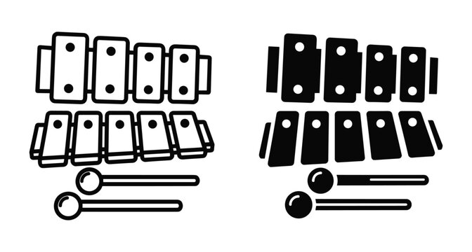 Xylophone musical instrument icon set with mallets in outline and solid black silhouette styles for music education and creative design