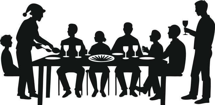 Family Thanksgiving Dinner Gathering Around Festive Table Celebration Silhouette Vector Illustration Design