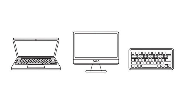 Minimal line icons of laptop, desktop monitor and keyboard isolated on black background