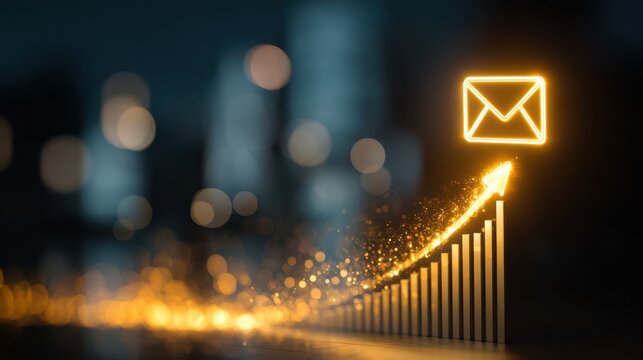 Email Marketing Growth Graph: A luminous digital graph depicts the exponential growth of email marketing, with a glowing envelope icon at its apex, signifying successful communication and engagement.