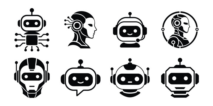 AI chatbot robot head icon set , artificial intelligence bot symbol, tech support headset robot, black silhouette vector illustration EPS 10