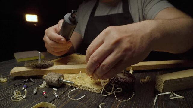 Male craftsman prepares rotary tool with attachments while working on wooden project at a dimly lit workshop table with various materials visible