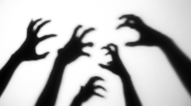 Creepy dark shadows of human hands reaching out with sharp fingers creating a scary and mysterious horror atmosphere