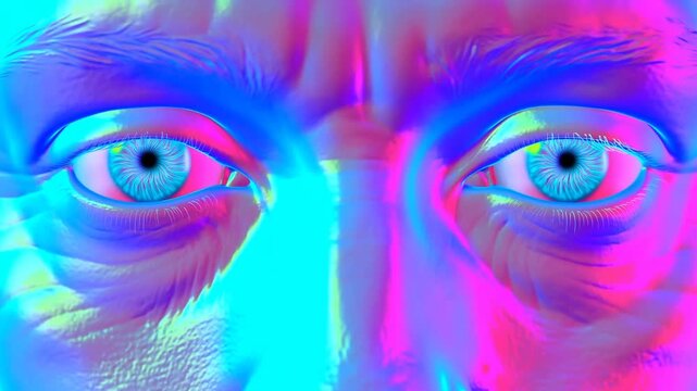 Slow dolly in closeup of iridescent human face zooming toward camera with intense gaze in virtual studio lighting
