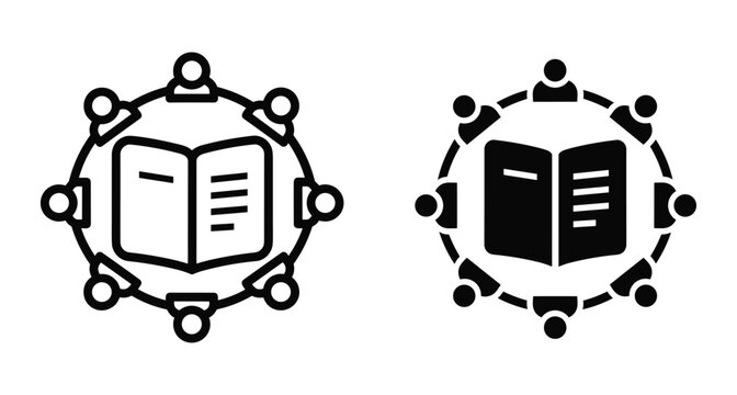 Study group icon set showing people in a circle around an open book for education learning community and knowledge sharing concepts