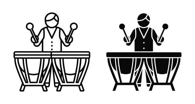 Timpani player icon set featuring a musician with mallets performing on kettledrums in outline and solid glyph styles for orchestral music